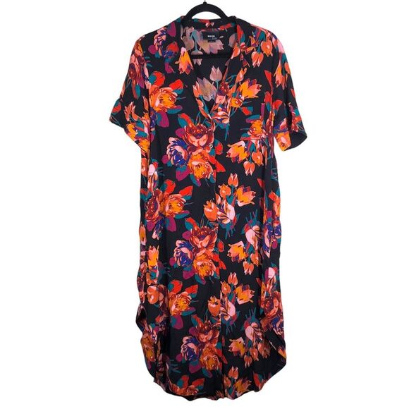 Anthropologie Maeve Floral Shirt Dress Button Front Black Pink Size Medium - Picture 1 of 8